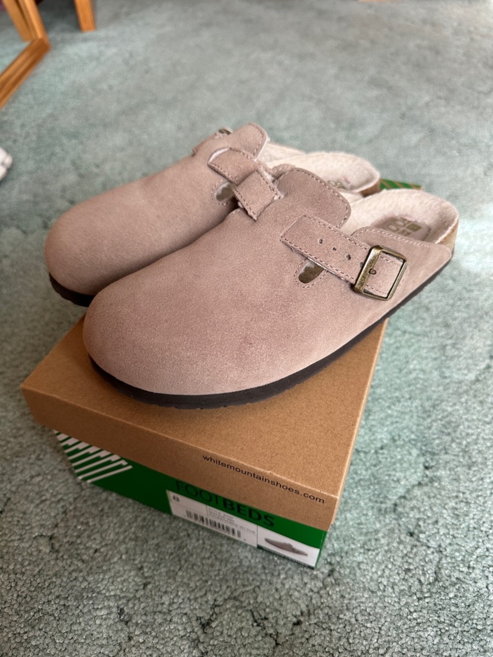 Women’s White Mountain Sherpa-Lined Suede Slip-On Clog with Buckle - Taupe